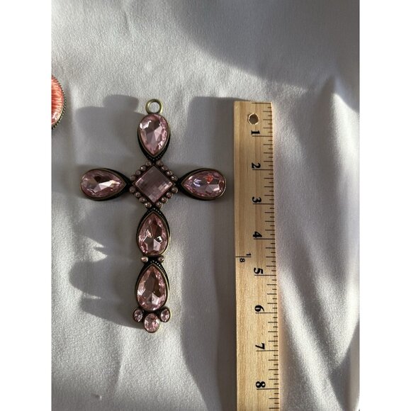 Kirklands Pink With Gold/Brass Colored Stone Cross With Pink/Metal Stand Holder - Picture 7 of 16